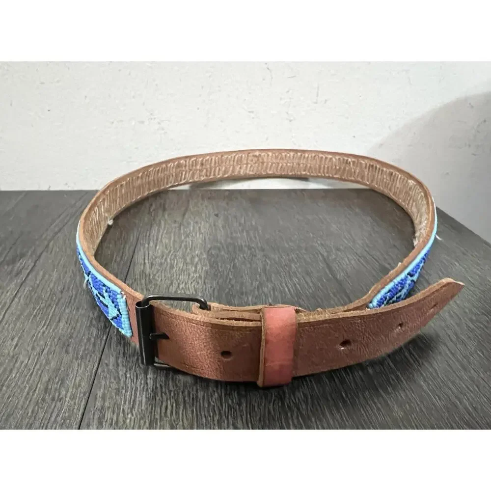 70s Vtg Hand Beaded Blue Southwestern Pattern Tan Leather Belt 35" - Picture 6 of 7